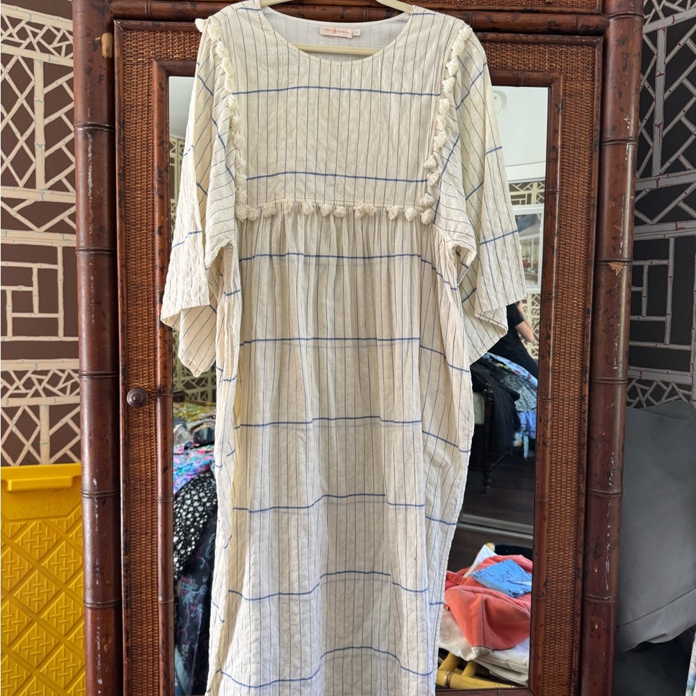 Tory Burch Cream and Blue Long Sleeve Caftan/ Dress with Pom Pom trim, L